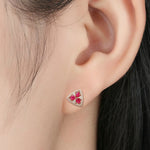 Natural Ruby Gemstone Pave Diamond Trillion Design Stud Earrings In 18k Rose Gold