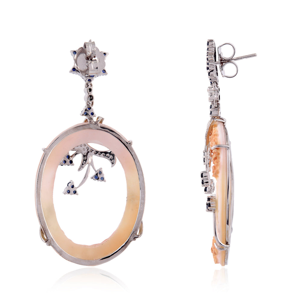 Carved Shell Cameo Prong Blue Sapphire Diamond Floral Dangler In White Gold