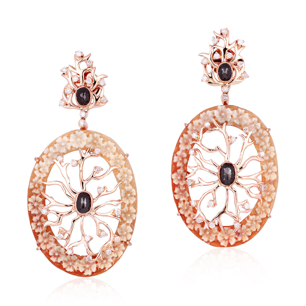 Carved Oval Shall Cameo Prong Diamond Tree Branch Dangle Earrings In Rose Gold