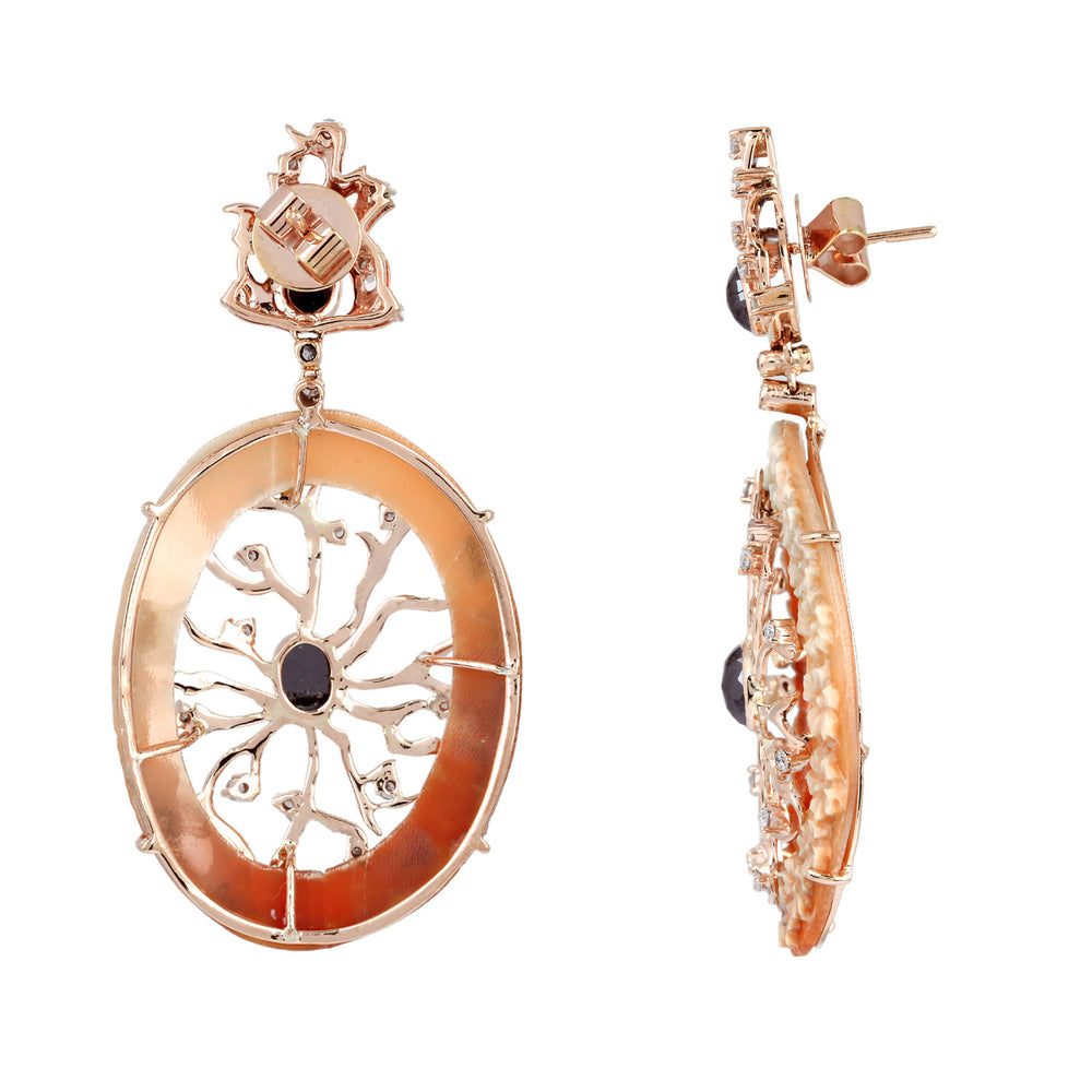 Carved Oval Shall Cameo Prong Diamond Tree Branch Dangle Earrings In Rose Gold