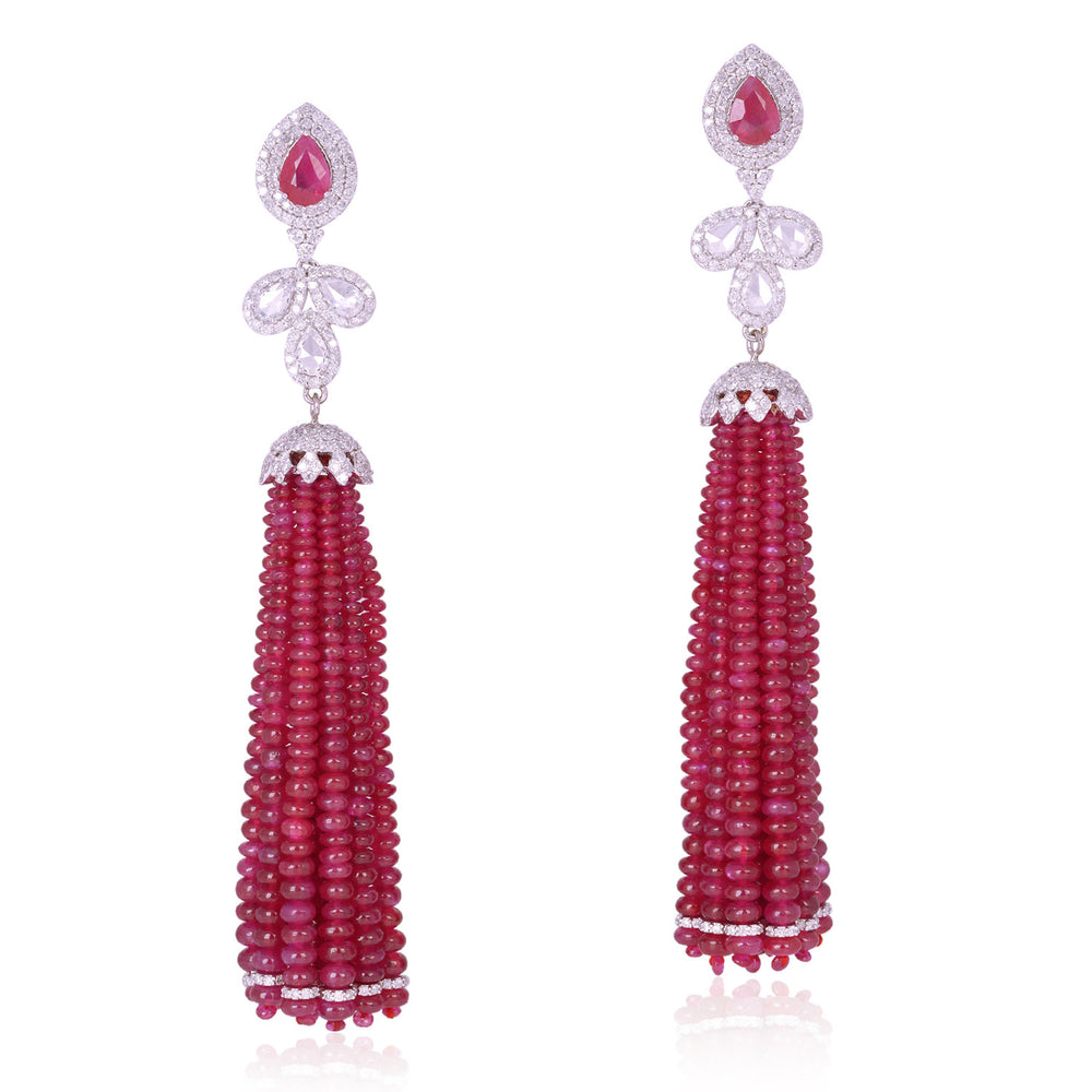 Ruby Bead Tassel Drop Earrings with Diamond Pear Studs in 18K White Gold