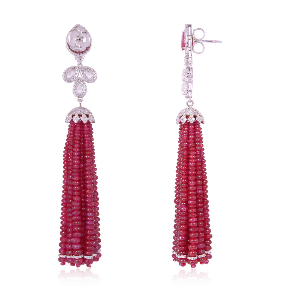 Ruby Bead Tassel Drop Earrings with Diamond Pear Studs in 18K White Gold