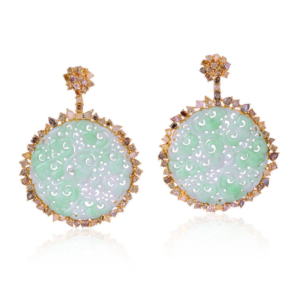 Carved Green Jade Round Drop Earrings with Ice Diamond Halo in 18K Yellow Gold