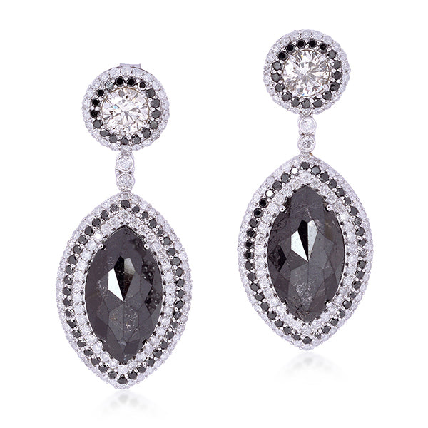 Black and White Diamond Marquise Drop Earrings in 18K White Gold