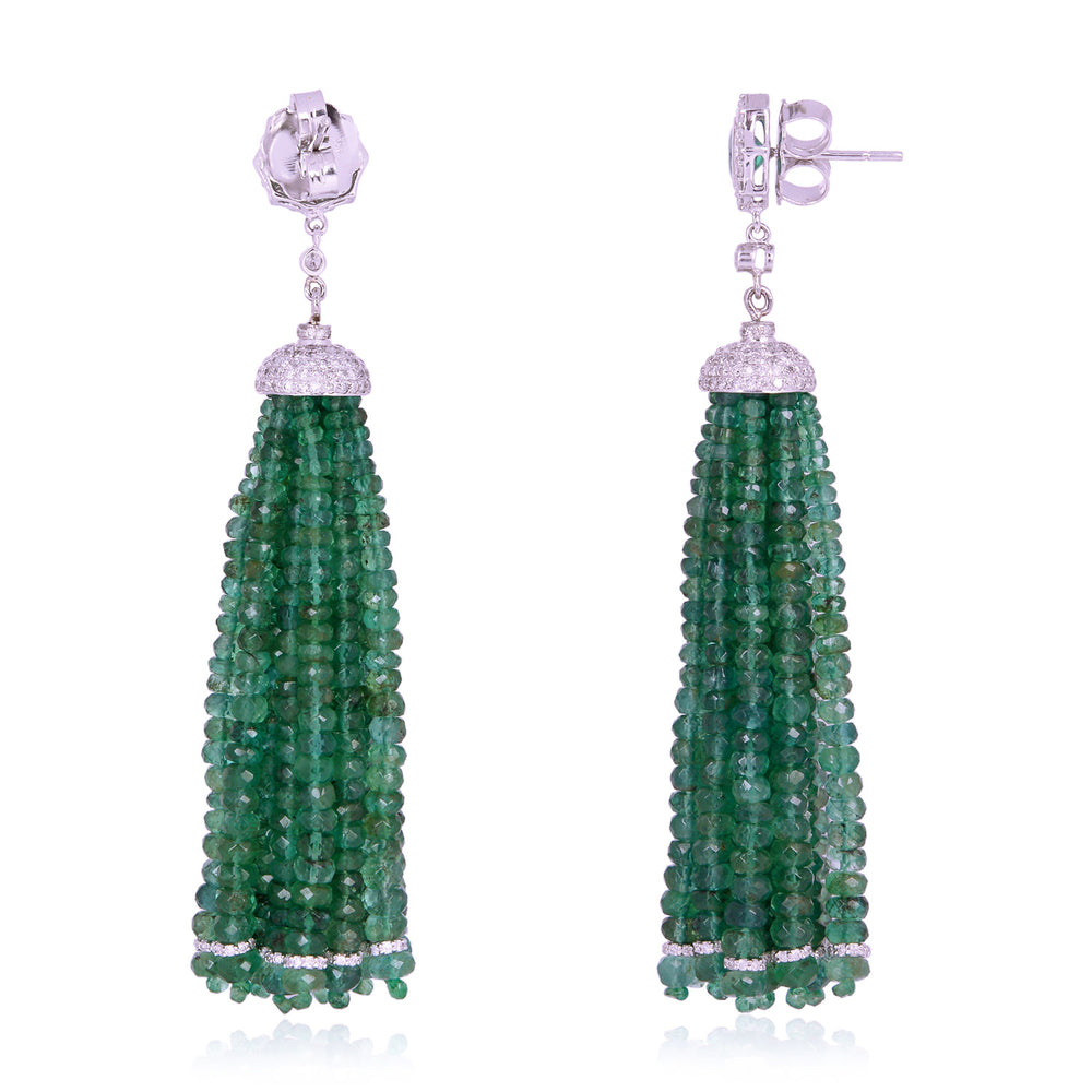 Emerald Bead Tassel Drop Earrings with Diamond Accents in 18K White Gold