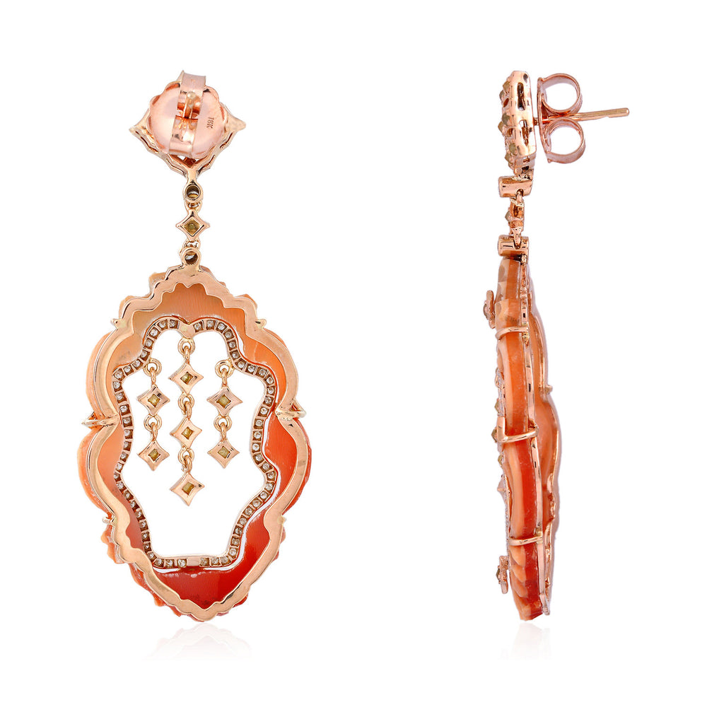 Carved Oval Cut Shall Cameo Prong Ice Diamond Designer Dangler In 18K Rose Gold