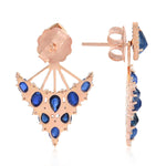 Pear Oval Blue Sapphire Precious Gemstone Prong Diamond Ear Jacket In 18K Rose Gold