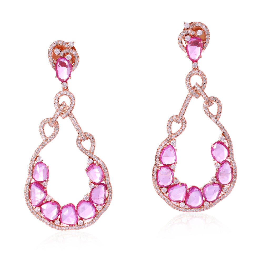 Oval Cut Pink Sapphire Precious Gemstone Pave Diamond Unique Dangler In Rose Gold