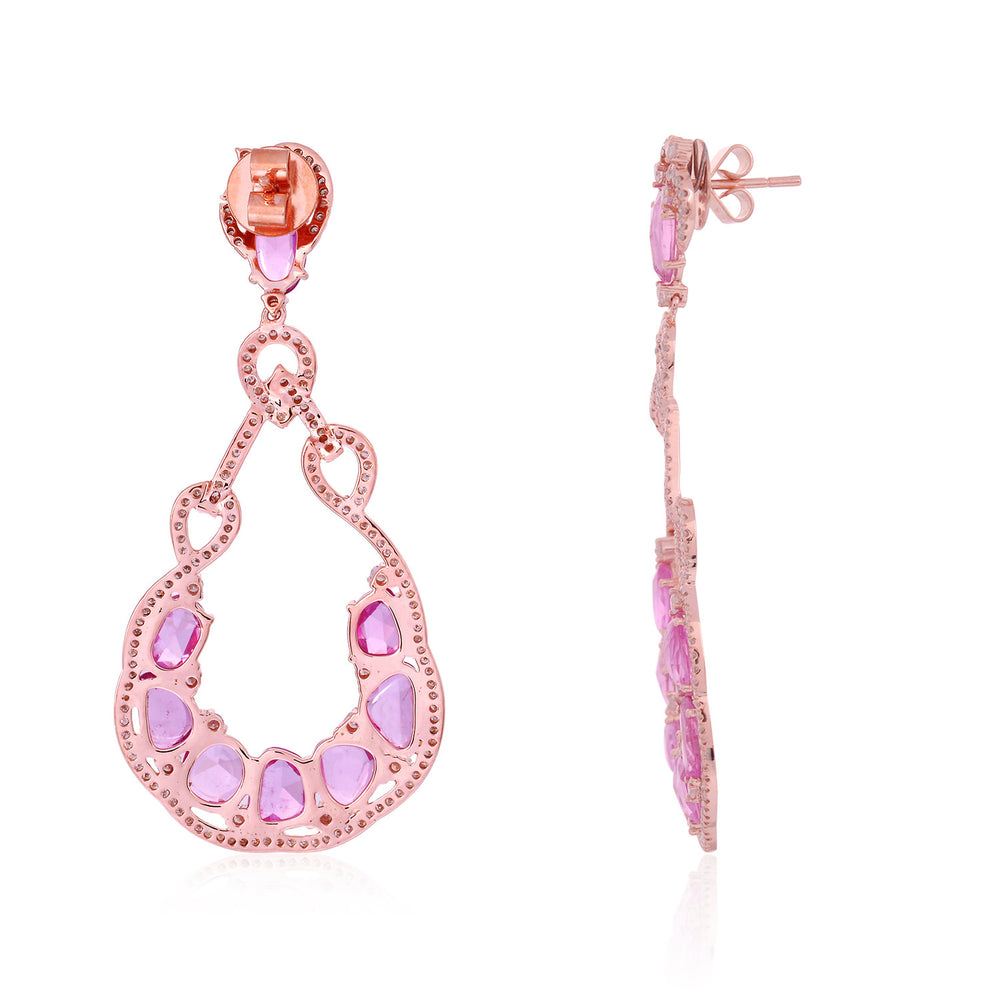 Oval Cut Pink Sapphire Precious Gemstone Pave Diamond Unique Dangler In Rose Gold