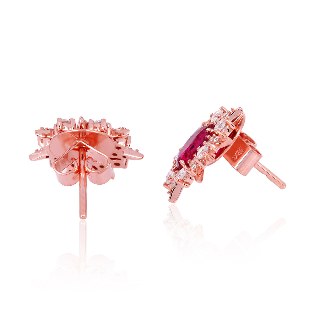 Ruby Oval Starburst Diamond Halo Stud Earrings in 18K Rose Gold
