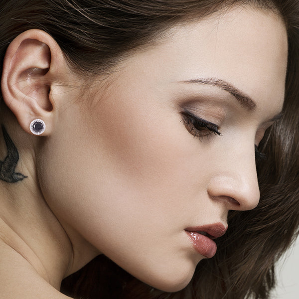 Round Black Diamond Halo Studs in 18K White Gold