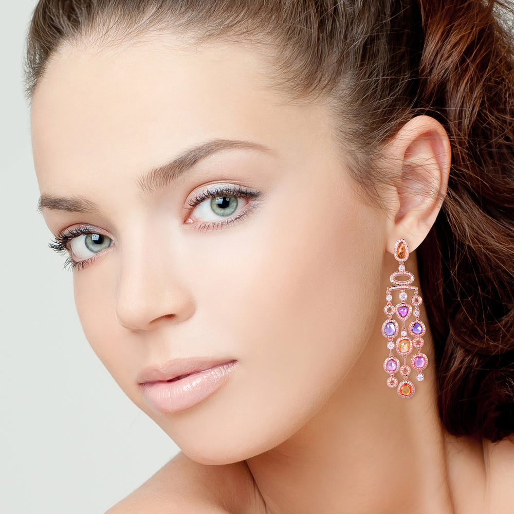 Rainbow Sapphire Diamond Chandelier Earrings in 18K Rose Gold