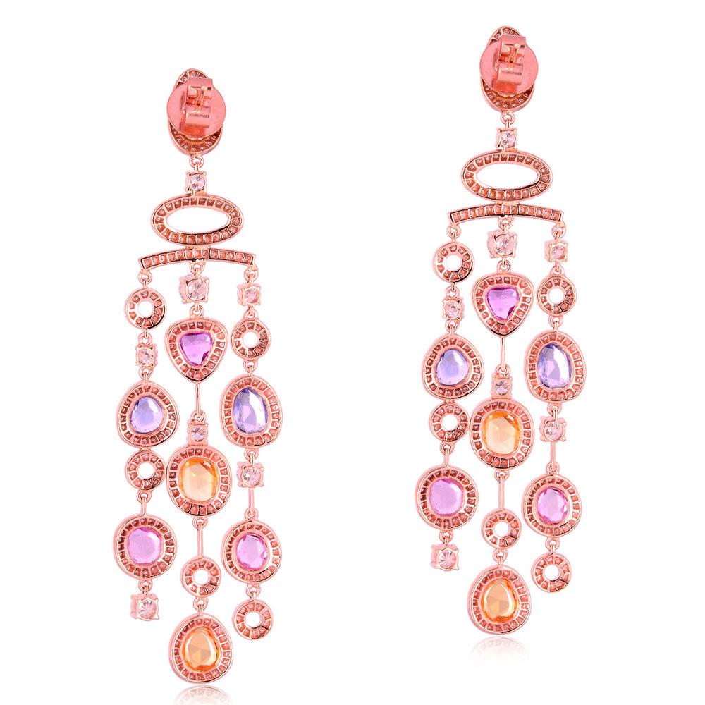 Rainbow Sapphire Diamond Chandelier Earrings in 18K Rose Gold