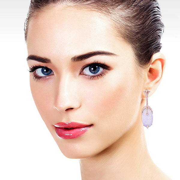Lavender Jade Carved Diamond Dangle Earrings 18K Rose Gold
