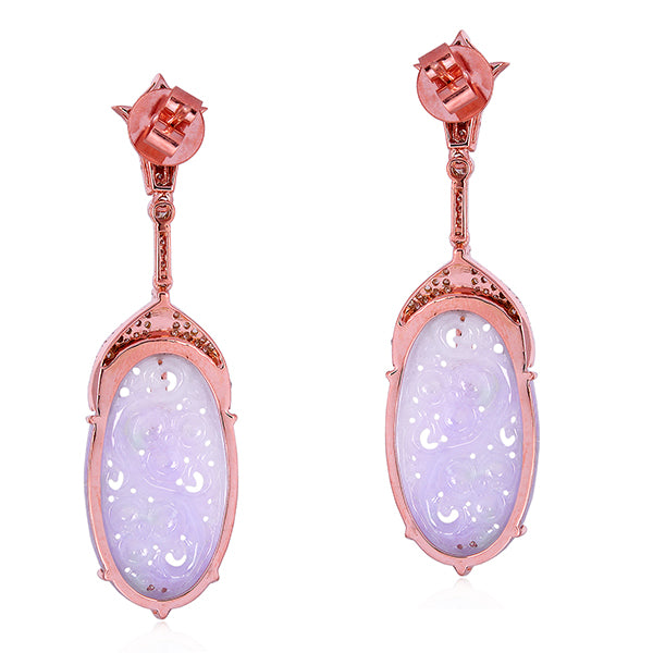Lavender Jade Carved Diamond Dangle Earrings 18K Rose Gold