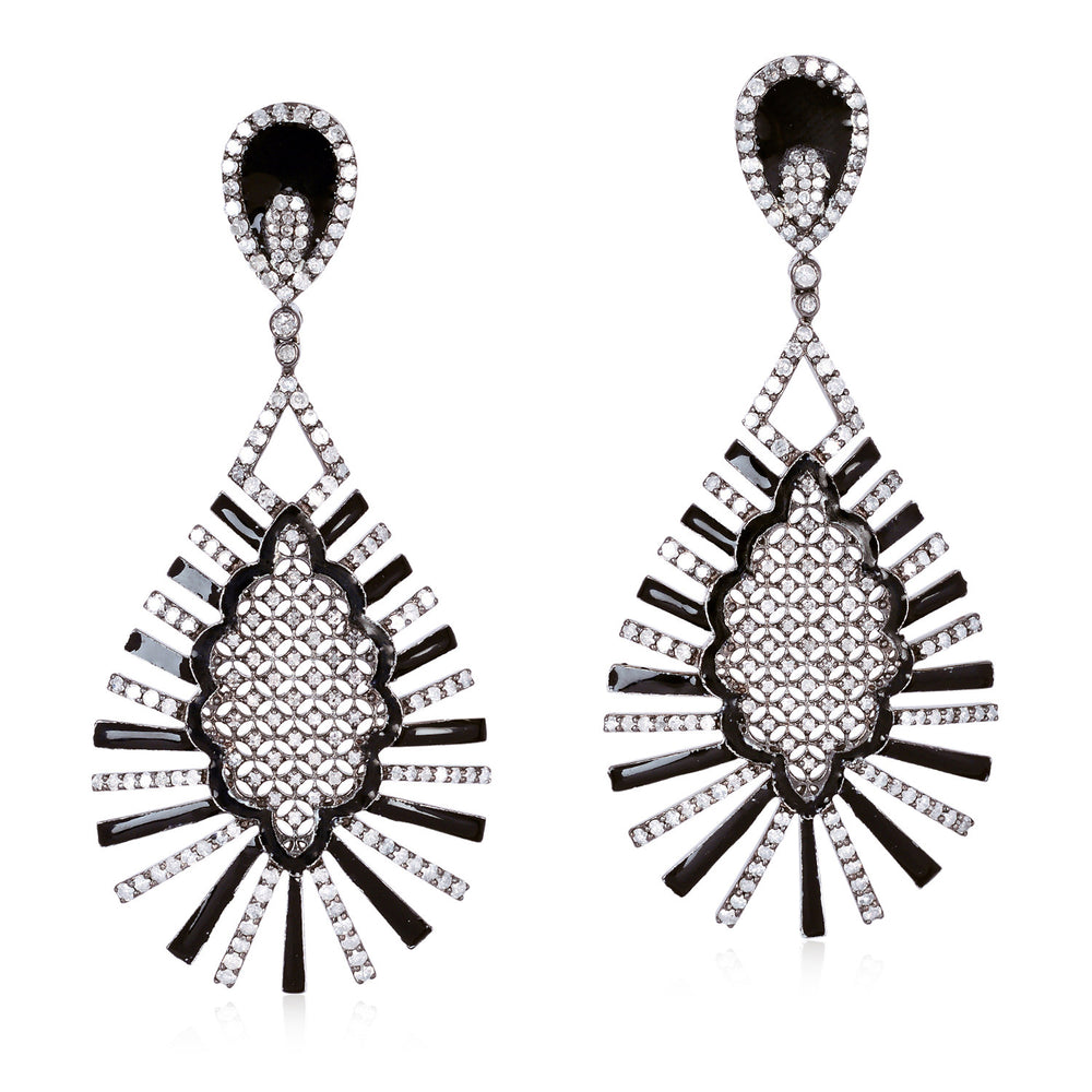 Black Enamel Diamond Statement Drop Earrings in 18K White Gold Silver