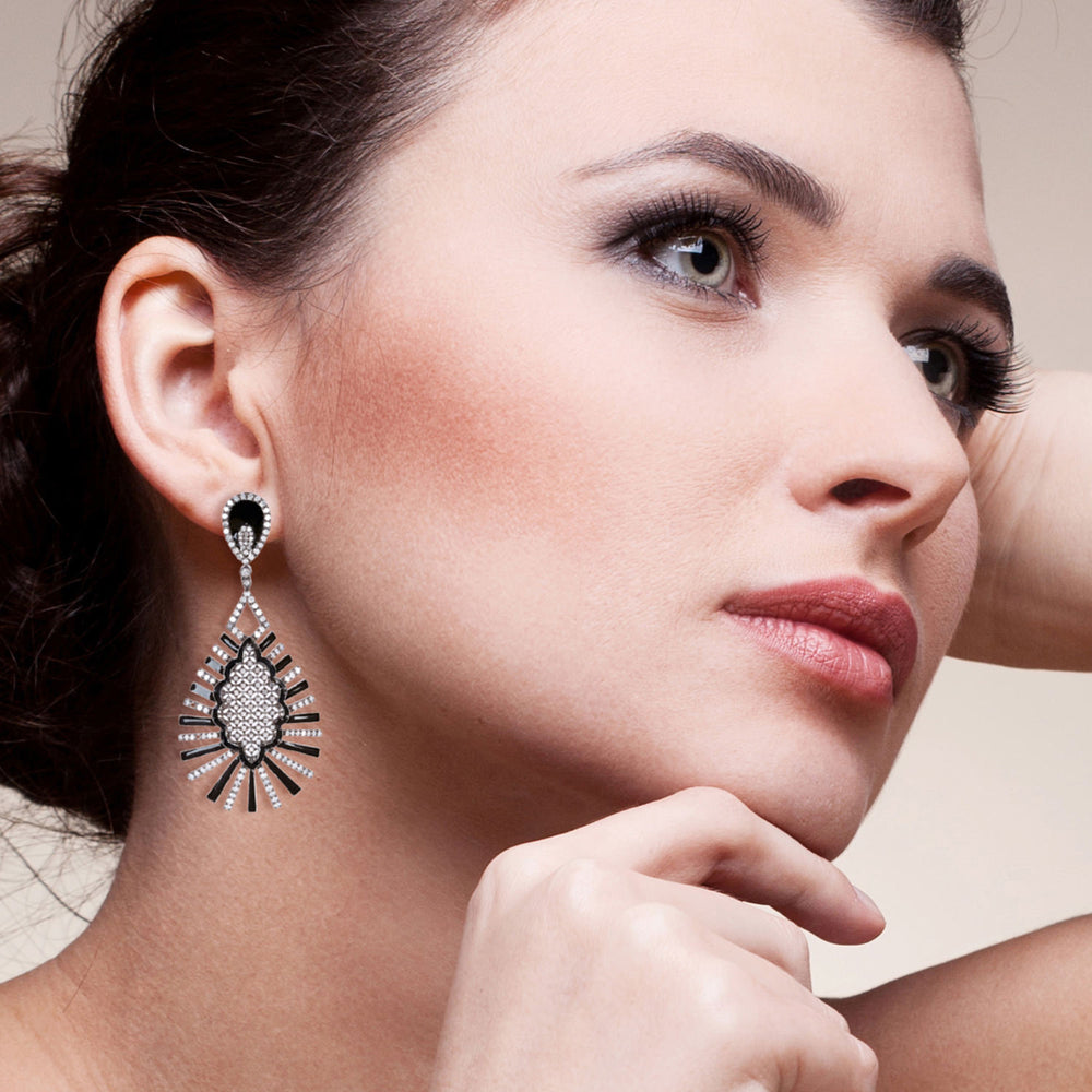 Black Enamel Diamond Statement Drop Earrings in 18K White Gold Silver