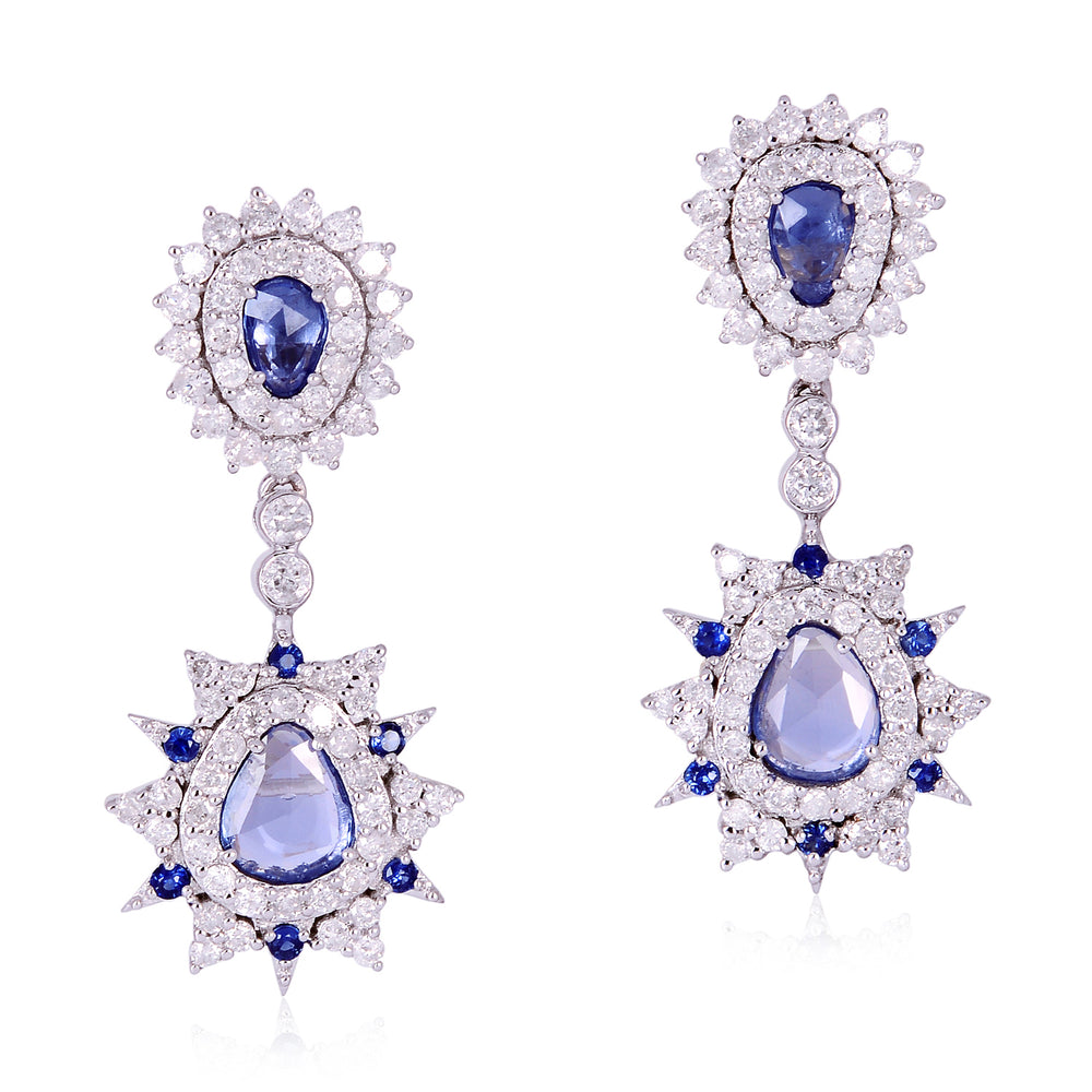 Pear Cut Blue Sapphire & Diamond Starburst Drop Earrings in 18K White Gold