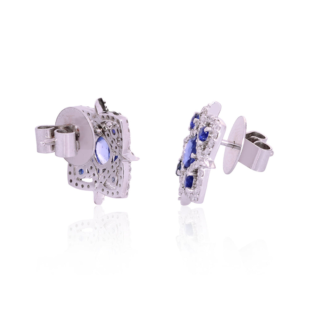 18K White Gold Prong Blue Sapphire Pave Diamond Star Stud Earrings For Women's