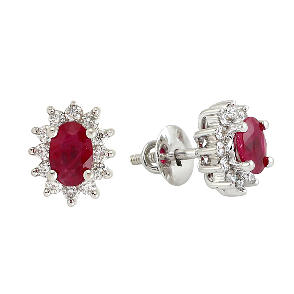 Oval Ruby & Diamond Halo Stud Earrings in 18K White Gold – July Birthstone Jewelry