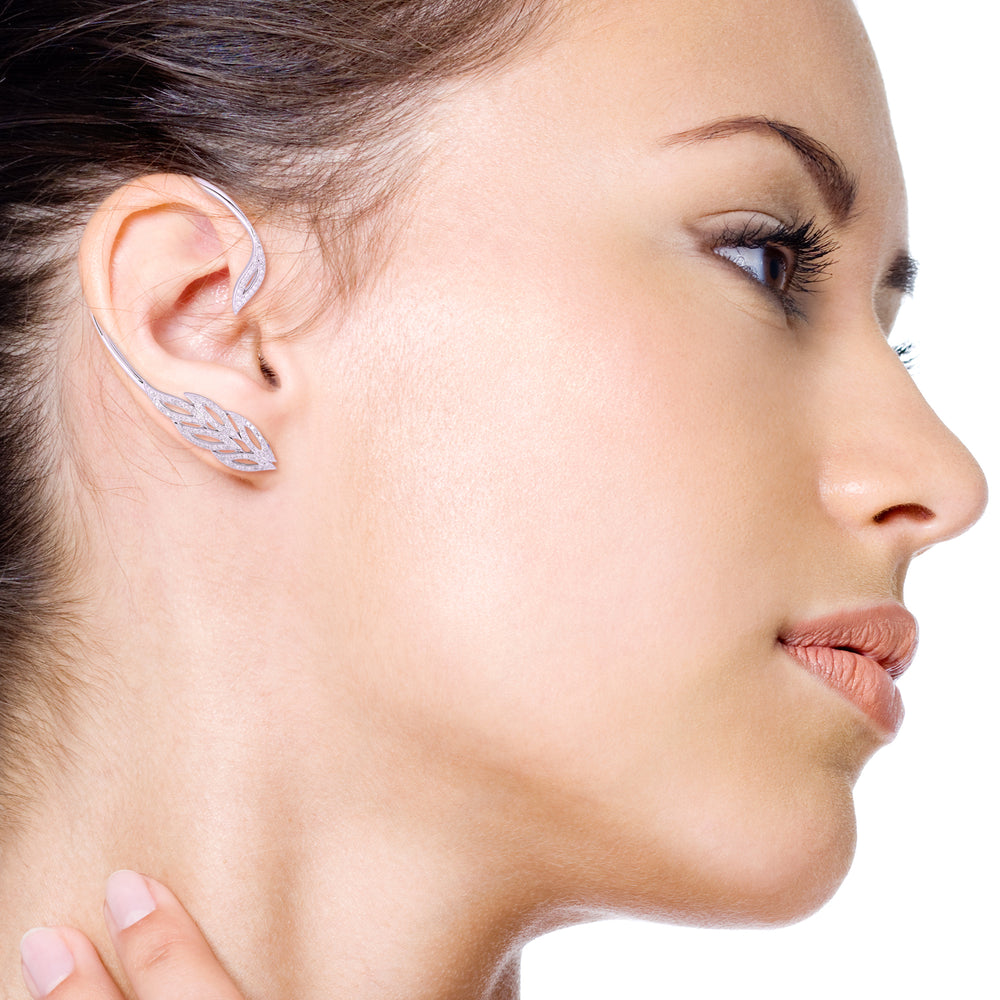 Nature-Inspired Pavé Diamond Leaf Ear Cuffs in 18K White Gold