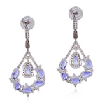 18K White Gold Unshaped Slice Blue Sapphire Pave Diamond Unique Dangler For Her