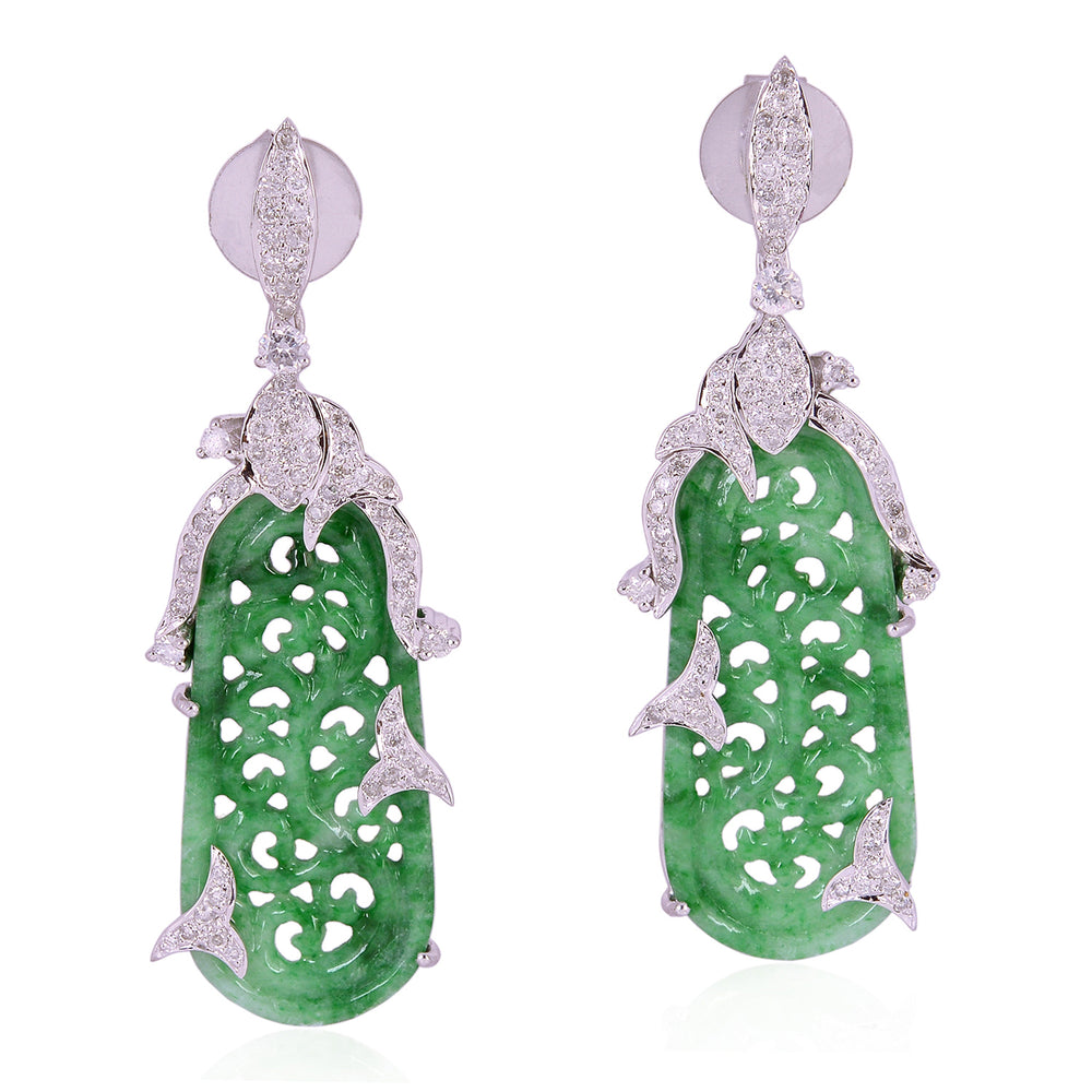 Carved Green Jade Long Drop Earrings with Diamond Leaf Accents in 18K White Gold