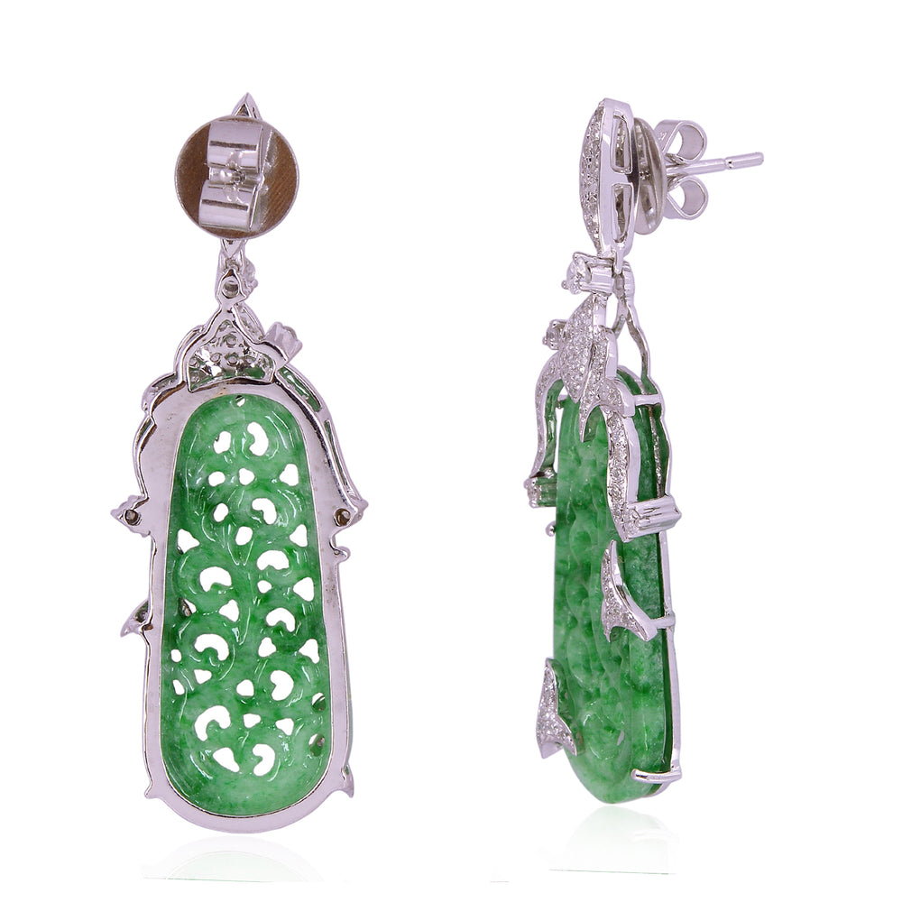 Carved Green Jade Long Drop Earrings with Diamond Leaf Accents in 18K White Gold