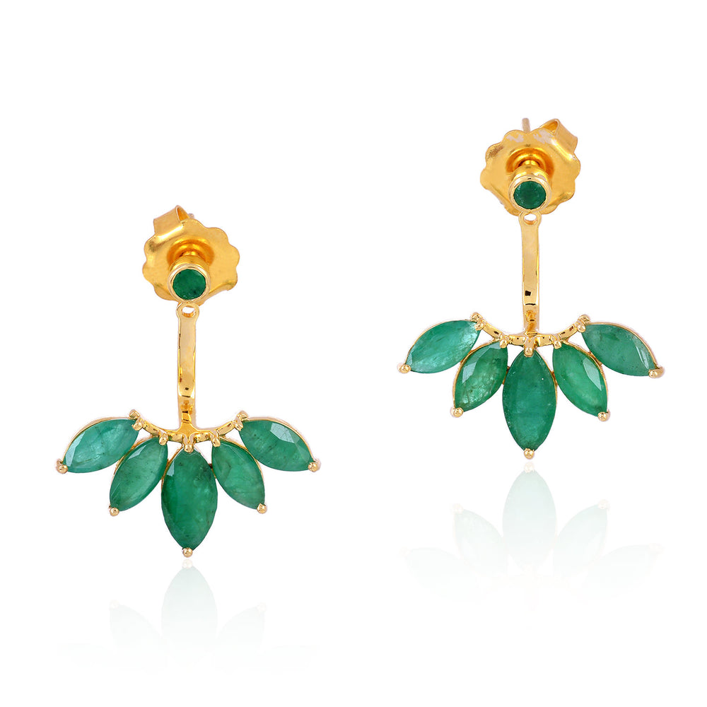 Leaf Shape Emerald Ear Jacket Earrings 14K Yellow Gold