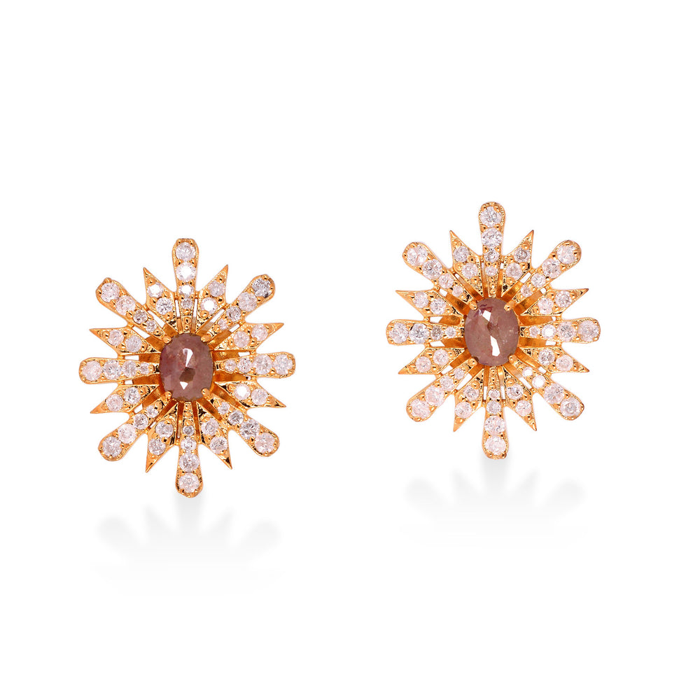 Oval Cut Ice Diamond Sunburst Stud Earrings In 18K Yellow Gold For Her