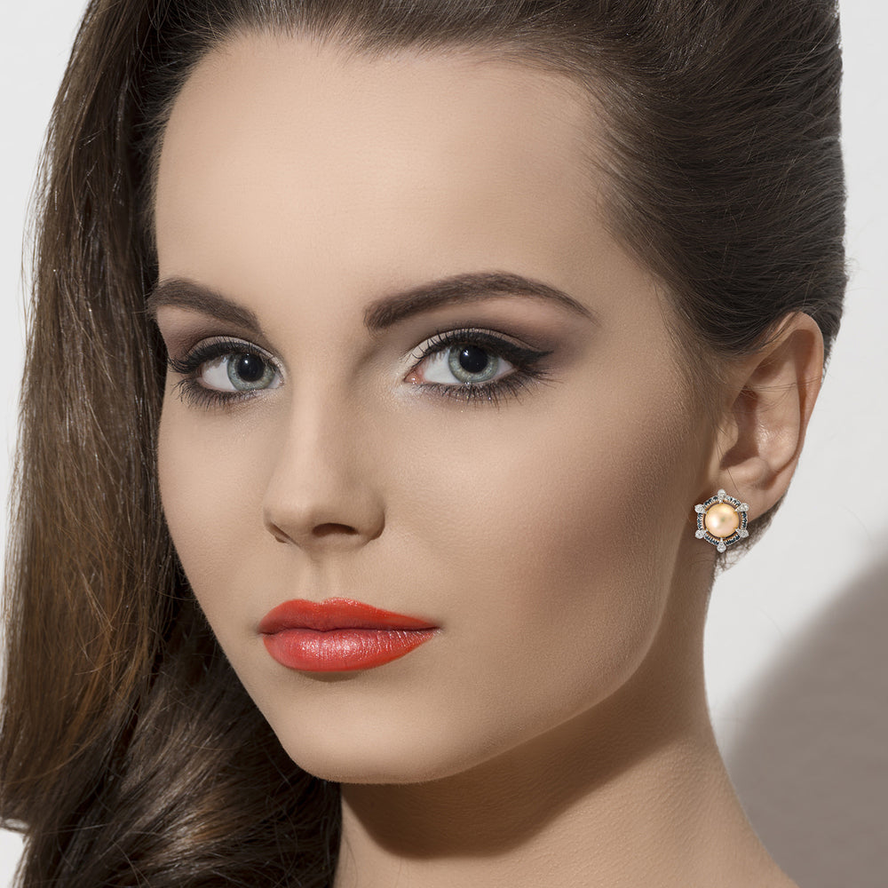 Pink Pearl and Colored Diamond Stud Earrings in White Gold – Gift for Her
