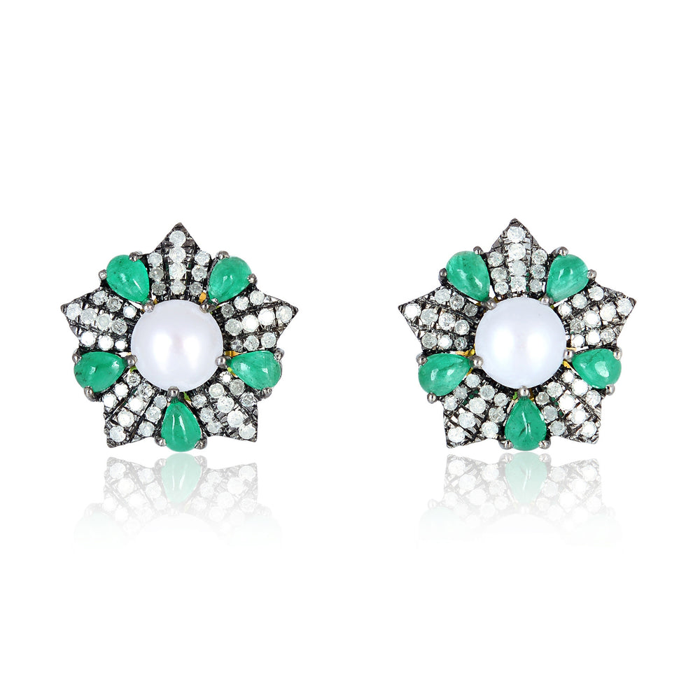 Pearl, Emerald & Diamond Starburst Stud Earrings in 18K Gold Silver