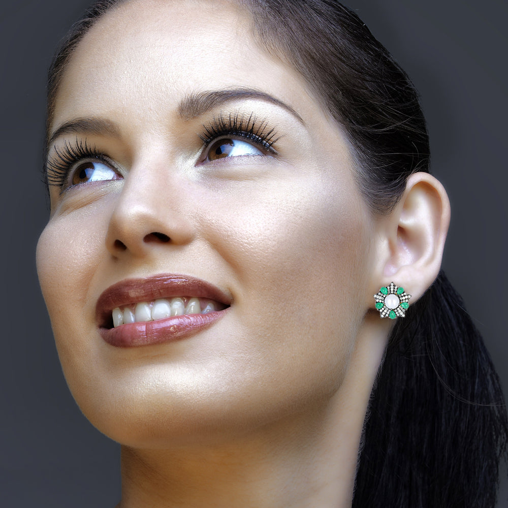 Pearl, Emerald & Diamond Starburst Stud Earrings in 18K Gold Silver