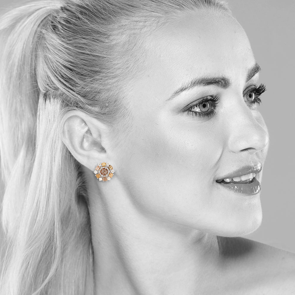 Multi Color Ice Cut Diamond Floral Stud Earrings in 18K Yellow Gold