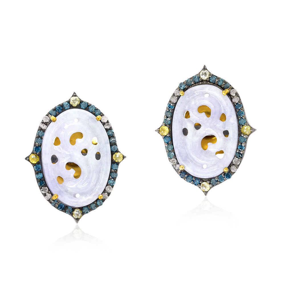 Jade Oval Stud Earrings with Blue Yellow and White Diamond Halo in 18K Gold