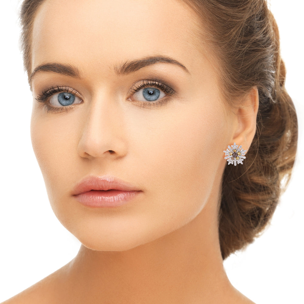 Snowflake Multi Color Diamond Stud Earrings in 18K White Gold