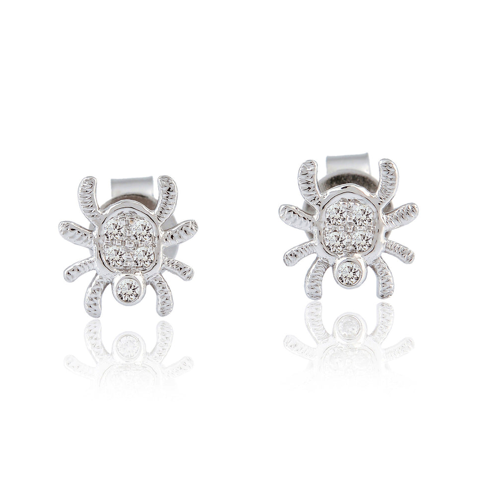 18K White Gold Diamond Spider Stud Earrings Cute Sparkle Design