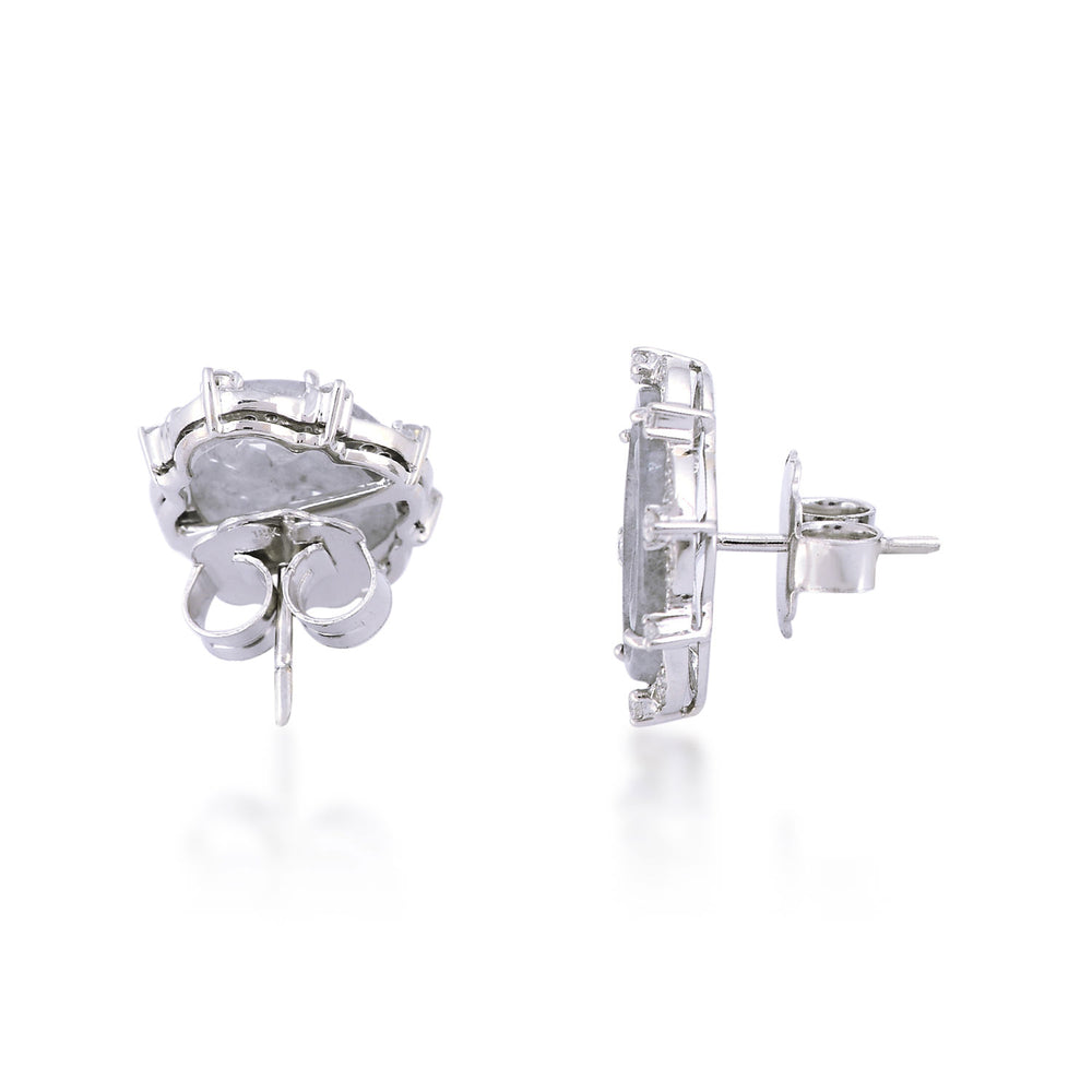 Carved Grey Jade Stud Earrings with Diamond Halo in 18K White Gold
