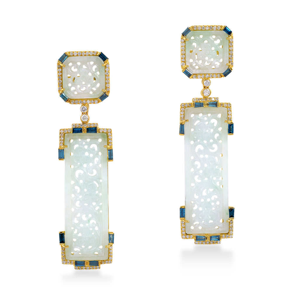 Carved Jade Long Drop Earrings with Blue Baguette and Diamond Halo in 18K Yellow Gold