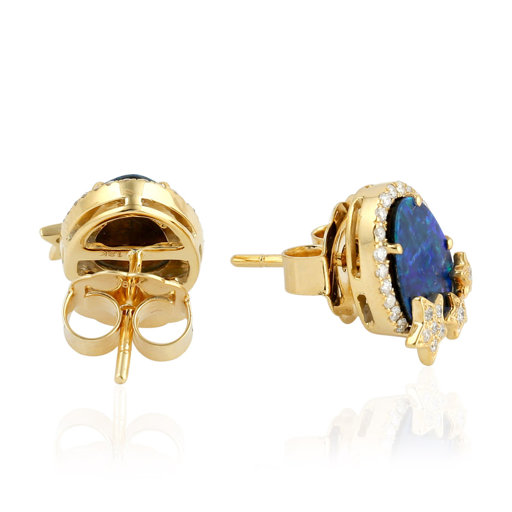 Opal Doublet Pave Diamond Star Stud Earrings In 18k Yellow Gold