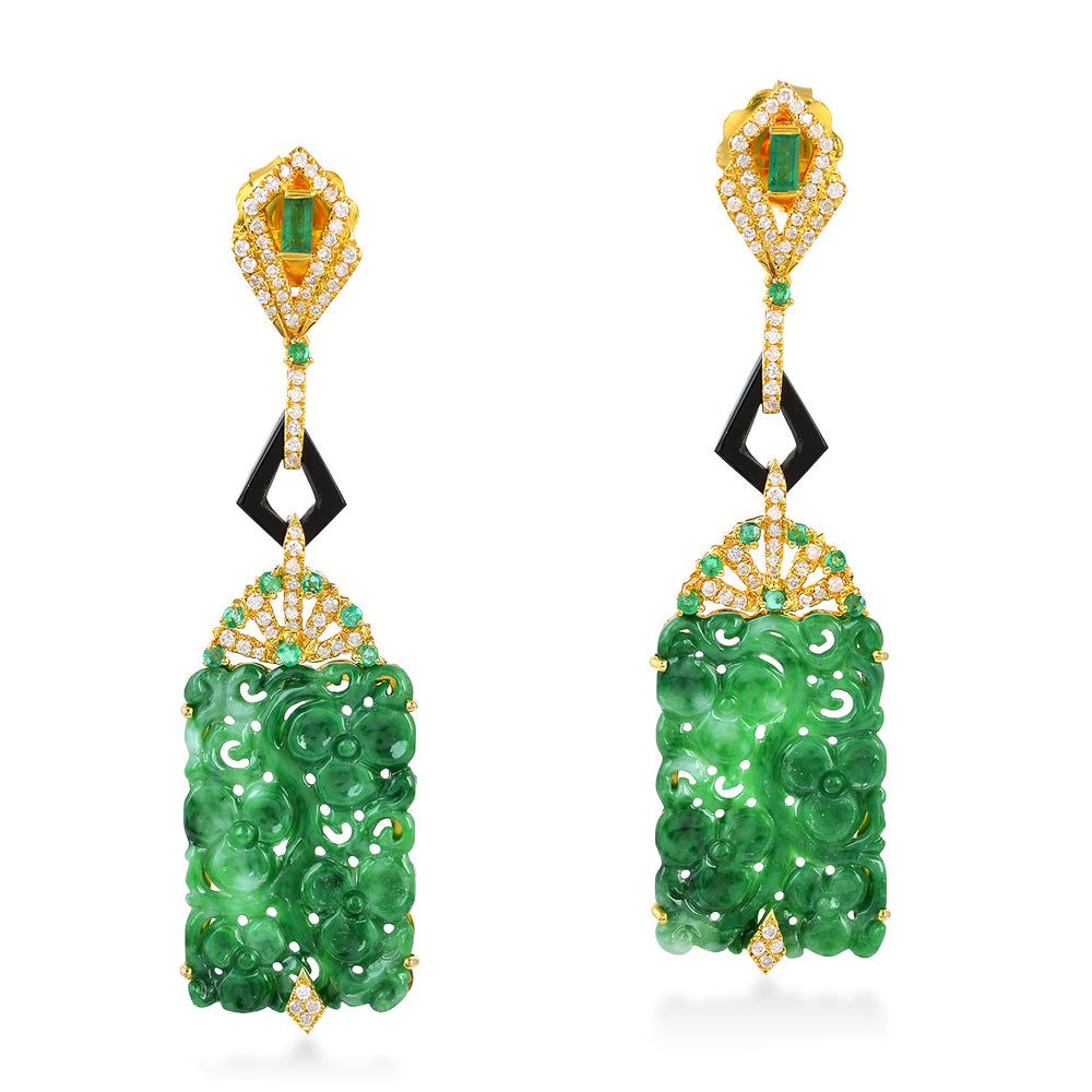 Carved Jade & Onyx Long Drop Earrings in 18K Gold Emerald and Diamond Accents