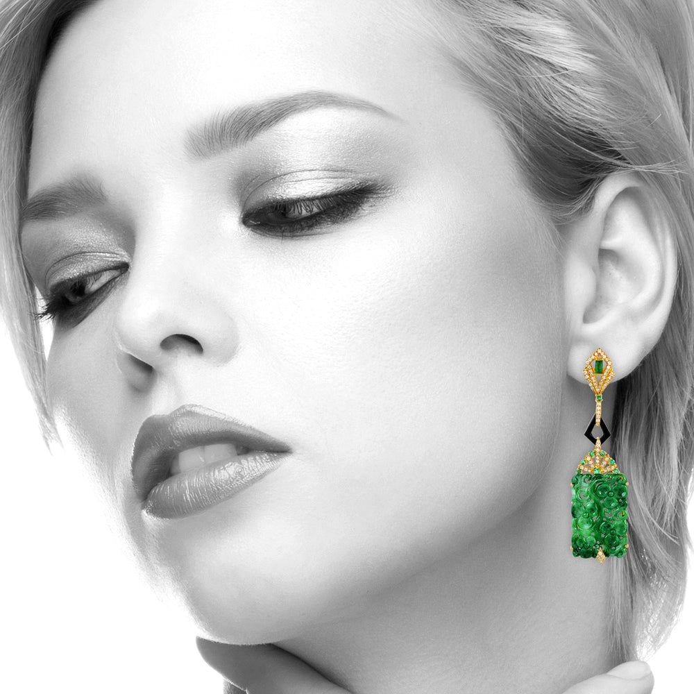 Carved Jade & Onyx Long Drop Earrings in 18K Gold Emerald and Diamond Accents