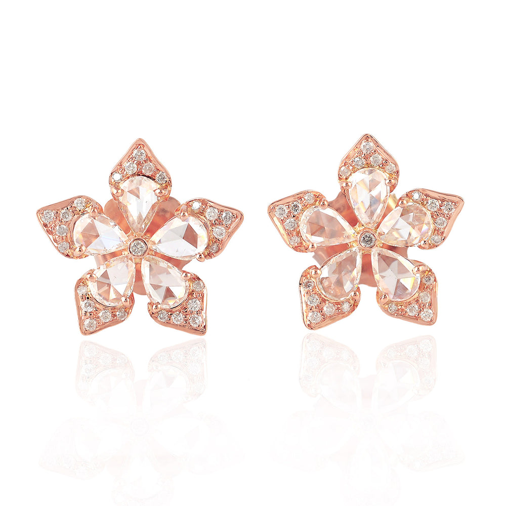 18K Rose Gold Natural Rose Cut Diamond Flower Stud Earrings For Christmas Sale