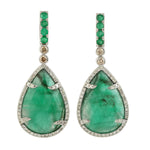 18k White Gold Pear Emerald Diamond Dangle Earrings Handmade Jewelry