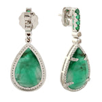 18k White Gold Pear Emerald Diamond Dangle Earrings Handmade Jewelry