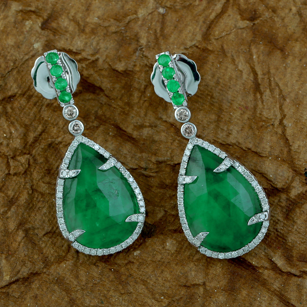 18k White Gold Pear Emerald Diamond Dangle Earrings Handmade Jewelry