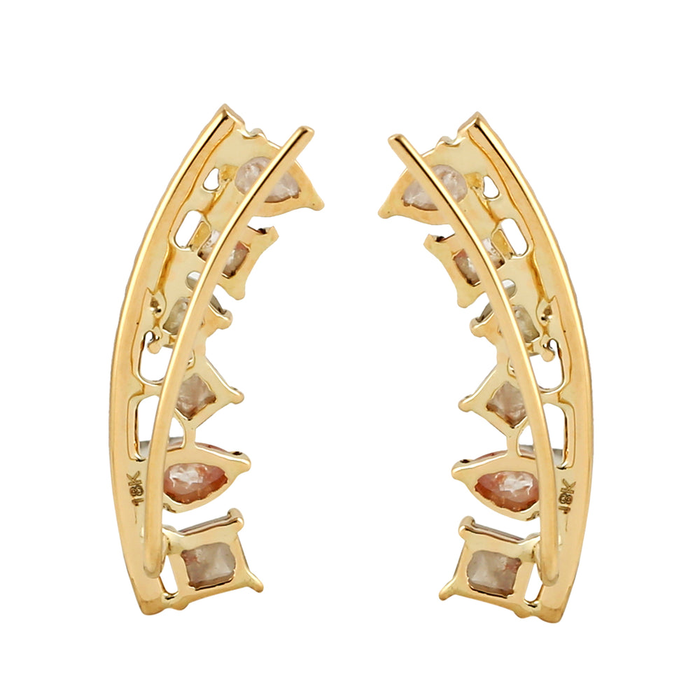 18K Yellow Gold Prong-Set Ice Diamond Handmade Ear Climber Earrings