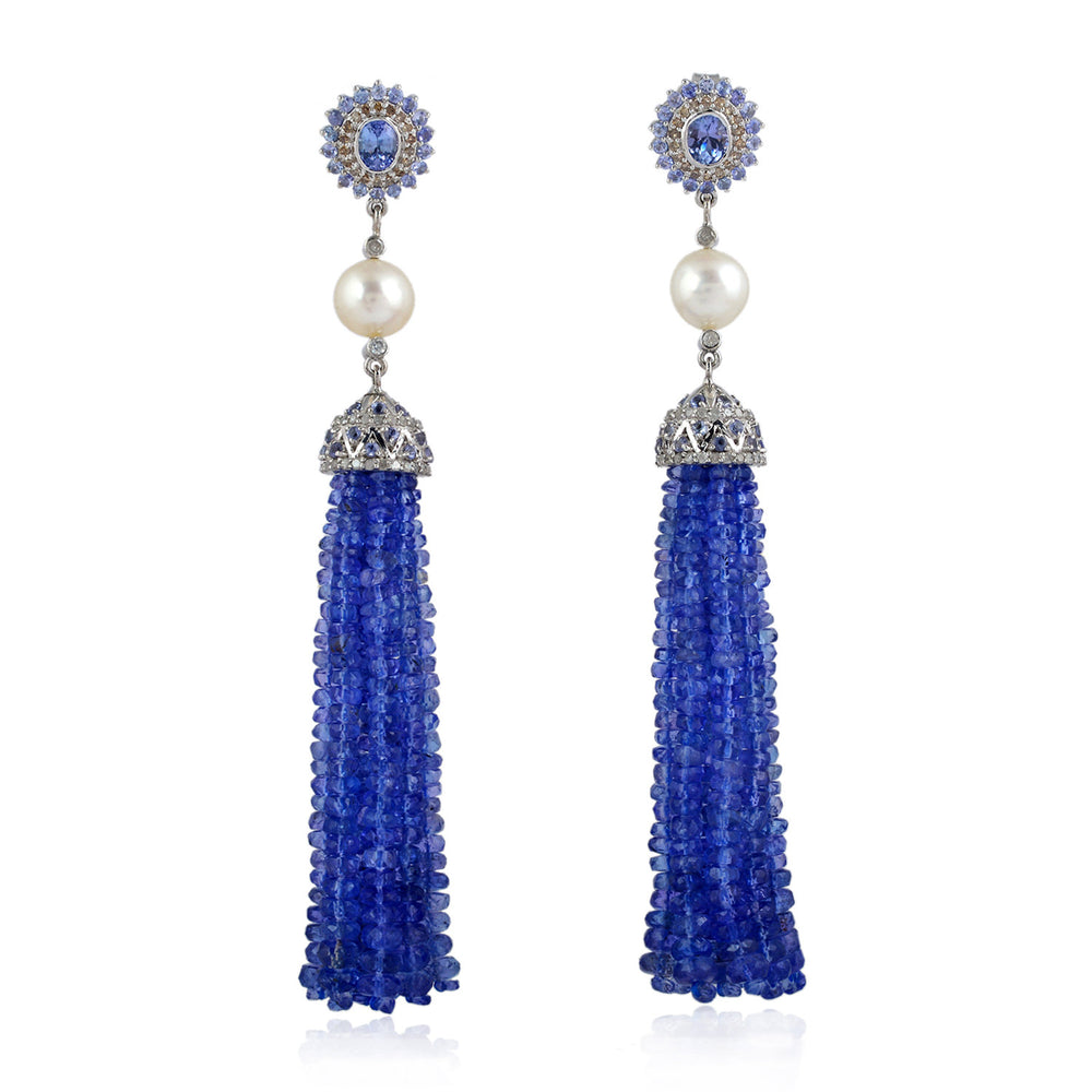 18K White Gold & Silver Tanzanite Bead Tassel Earrings with Pearl & Diamond Accents