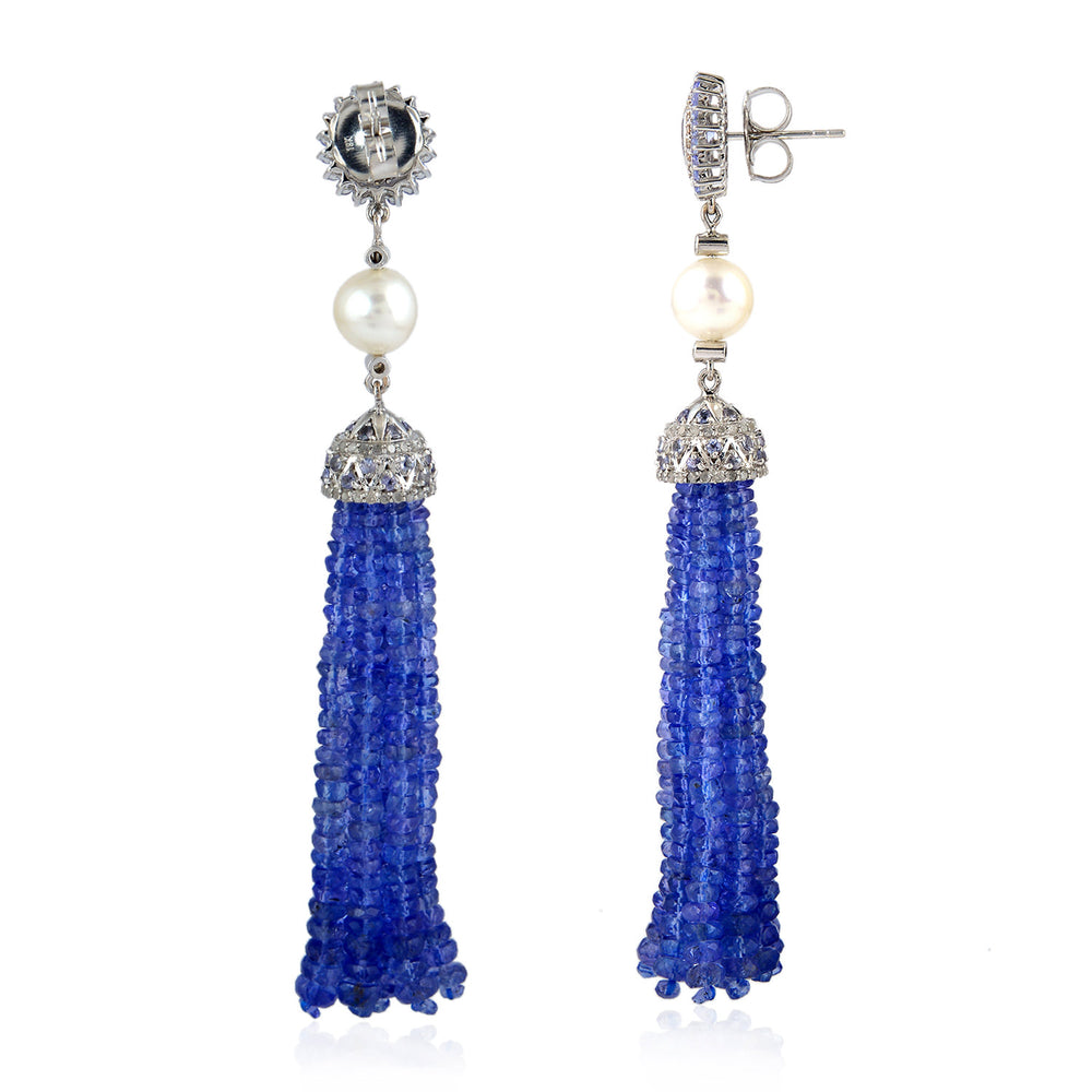 18K White Gold & Silver Tanzanite Bead Tassel Earrings with Pearl & Diamond Accents