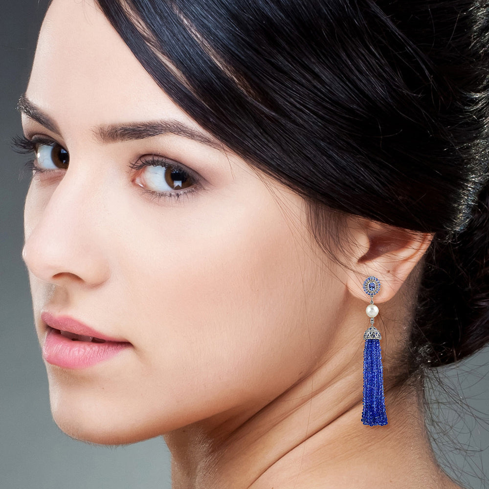 18K White Gold & Silver Tanzanite Bead Tassel Earrings with Pearl & Diamond Accents